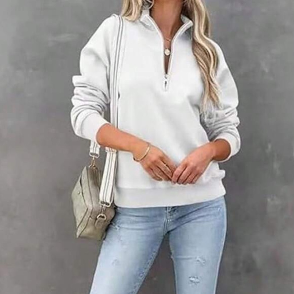 White half zip pullover sweatshirt for fall winter